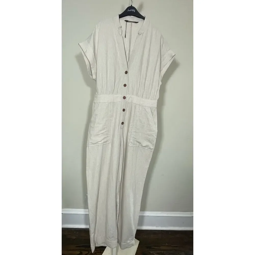 Zara Button Front One Piece Linen Jumpsuit Khacki Size Large